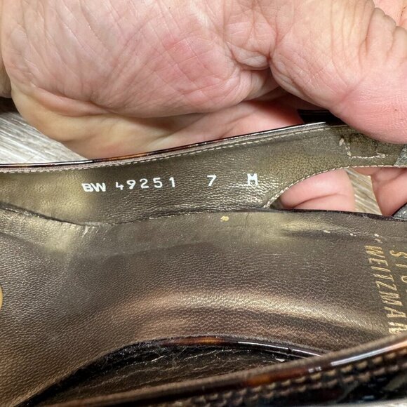 Stuart Weitzman Tortoise Shell Patent Leather Peep Toe Heels Women's Size 7 - Picture 5 of 6